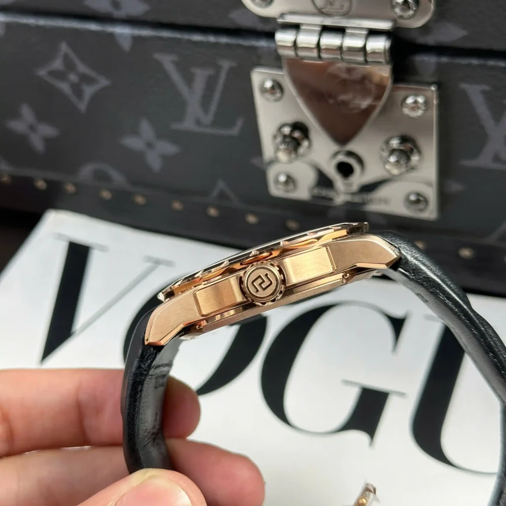Super Clone Roger Dubuis Excalibur Eon Gold RDDBEX0836 42mm — on leather display