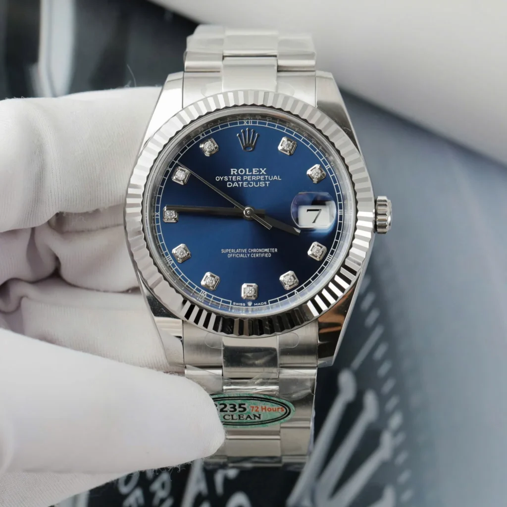 Super Clone Rolex Datejust Bright Blue Diamond Dial 126334-0015 41 mm — dial close-up