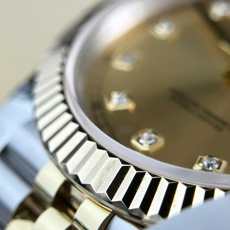 Super Clone Rolex Datejust Champagne Diamond Dial 126333-0012 41 mm — on leather display