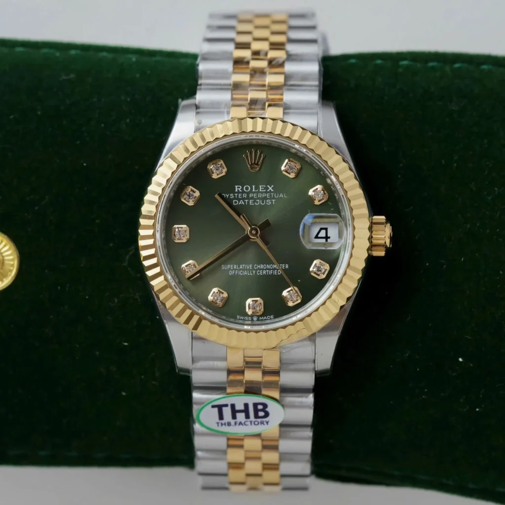 Super Clone Rolex Datejust Olive Green Diamond Dial 278273-0030 31 mm — dial close-up