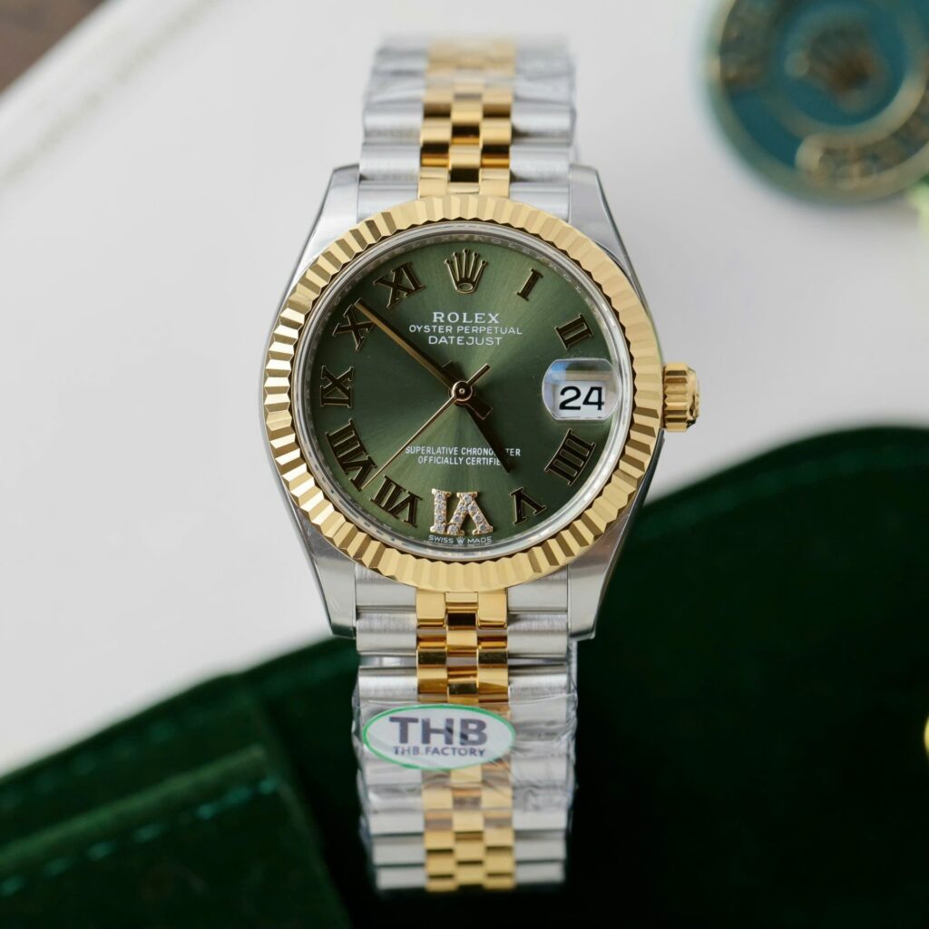 Super Clone Rolex Datejust Olive Green Roman Diamond Dial 126233-0025 36 mm — dial close-up