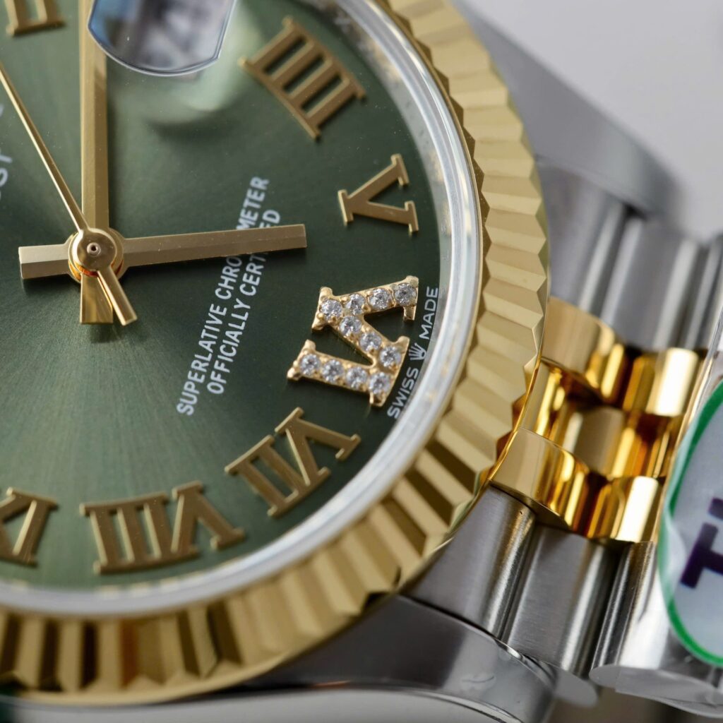 Super Clone Rolex Datejust Olive Green Roman Diamond Dial 126233-0025 36 mm — on leather display