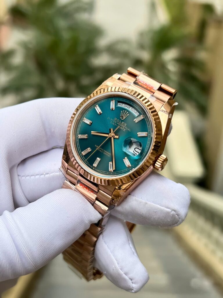 Super Clone Rolex Day-Date Blue-Green Diamond Dial 128235-0085 36 mm — on leather display