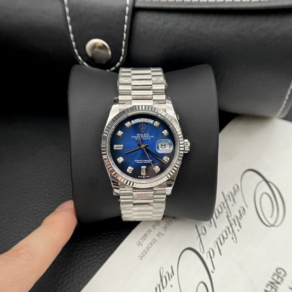 Super Clone Rolex Day-Date Blue Ombré Diamond Dial 128236-0005 36 mm — dial close-up