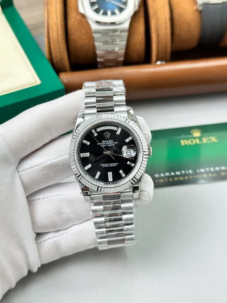 Super Clone Rolex Day-Date Bright Black Dial 228236-0003 40 mm — dial close-up
