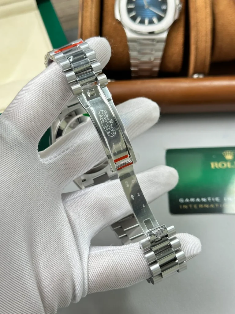 Super Clone Rolex Day-Date Bright Black Dial 228236-0003 40 mm — on leather display
