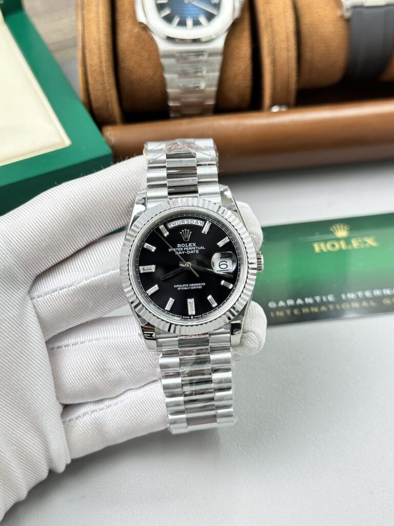 Super Clone Rolex Day-Date Bright Black Diamond Dial 228236-0004 40 mm — dial close-up