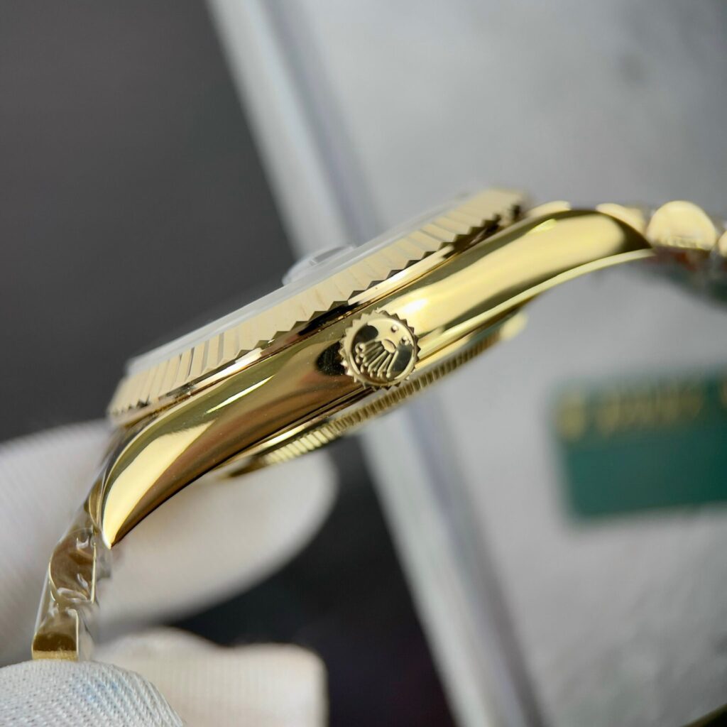 Super Clone Rolex Day-Date Bright Black Diamond Dial 228238-0004 40 mm — on leather display