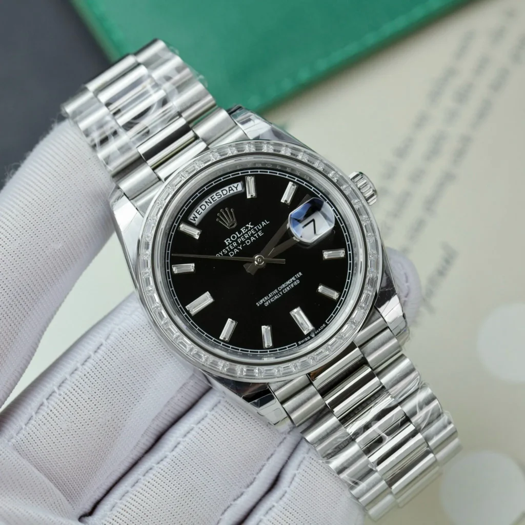 Super Clone Rolex Day-Date Bright Black Diamond Dial 228396tbr-0012 40 mm — dial close-up