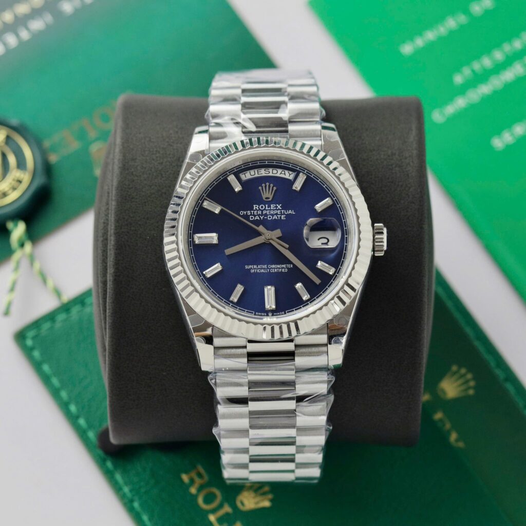 Super Clone Rolex Day-Date Bright Blue Diamond Dial 128239-0069 36 mm — dial close-up
