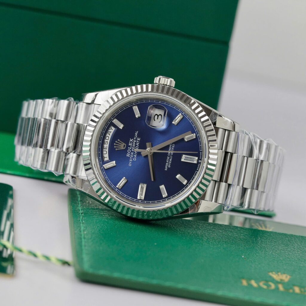 Super Clone Rolex Day-Date Bright Blue Diamond Dial 128239-0069 36 mm — case and bezel