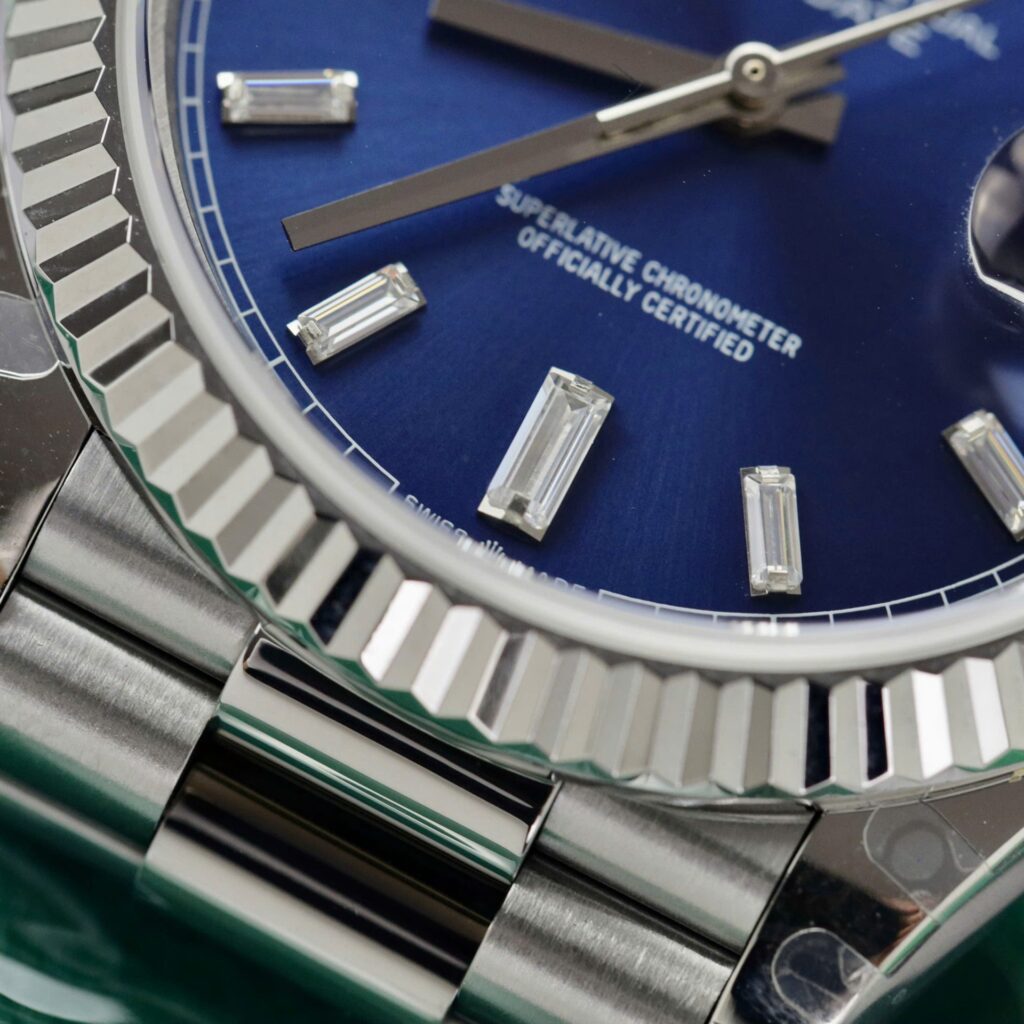 Super Clone Rolex Day-Date Bright Blue Diamond Dial 128239-0069 36 mm — on leather display