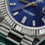 Super Clone Rolex Day-Date Bright Blue Diamond Dial 128239-0069 36 mm — on leather display