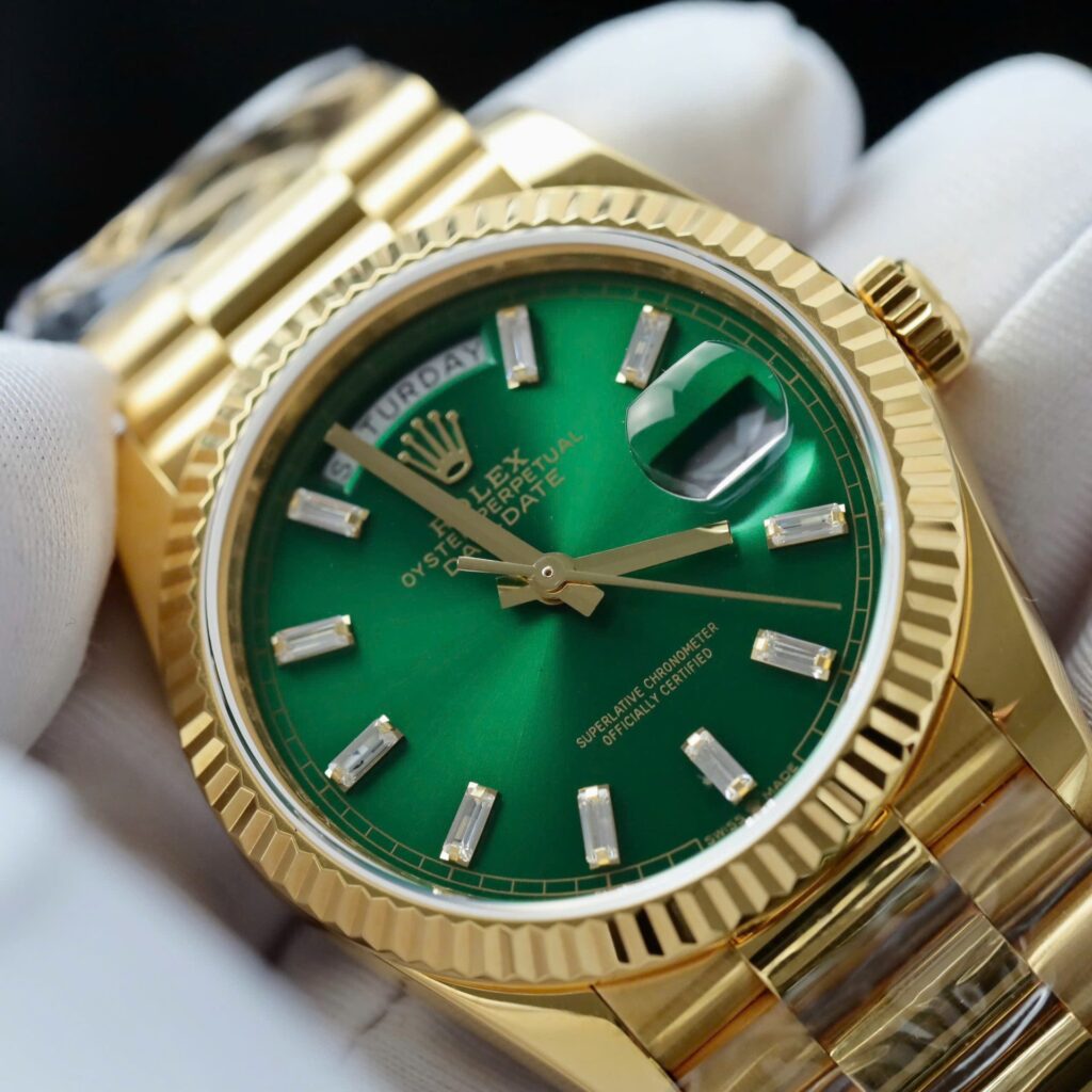 Super Clone Rolex Day-Date Bright Green Diamond Dial 128238-0130 36 mm — side profile