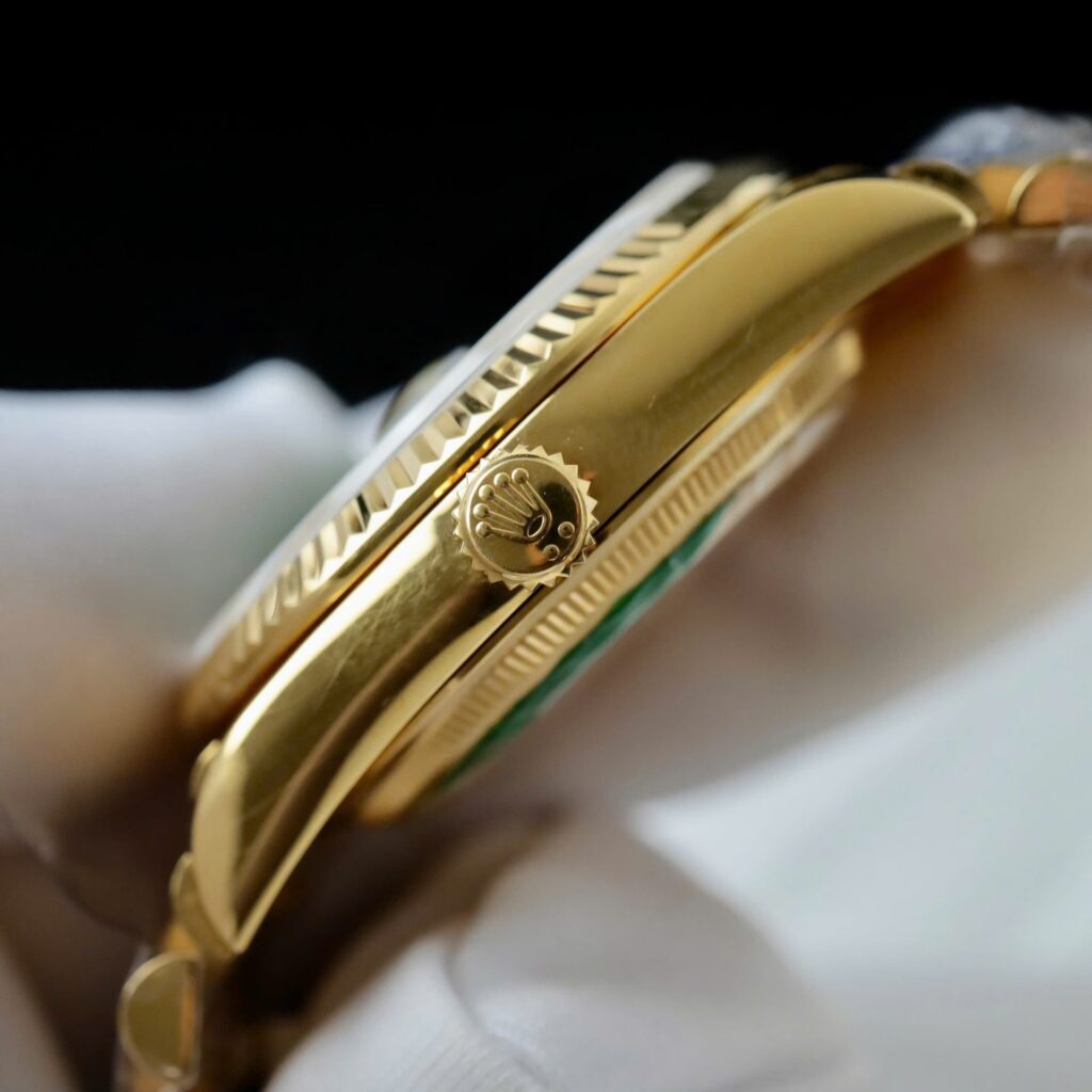 Super Clone Rolex Day-Date Bright Green Diamond Dial 128238-0130 36 mm — on leather display