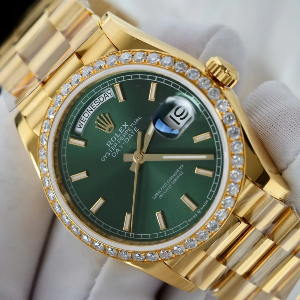 Super Clone Rolex Day-Date Bright Green Diamond Dial 128398tbr-0035 36 mm — side profile
