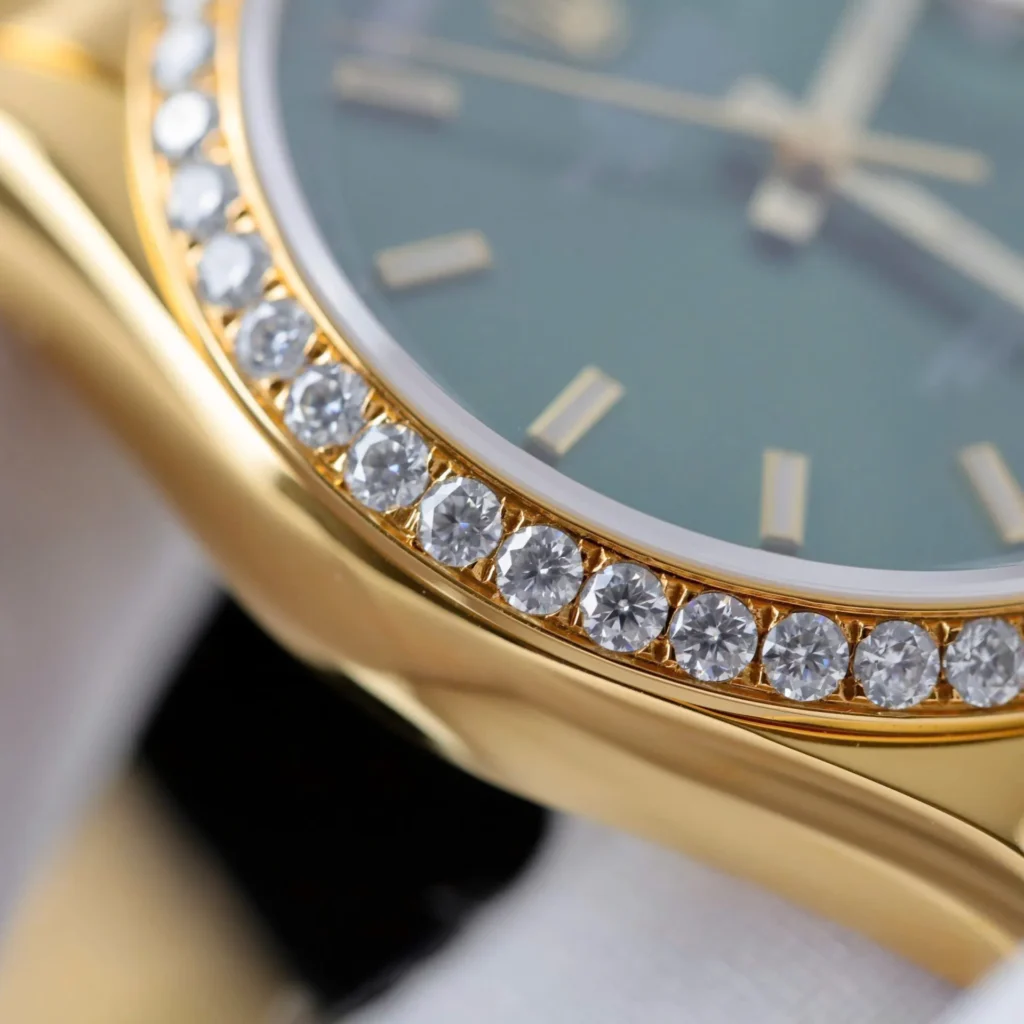 Super Clone Rolex Day-Date Bright Green Diamond Dial 128398tbr-0035 36 mm — on leather display