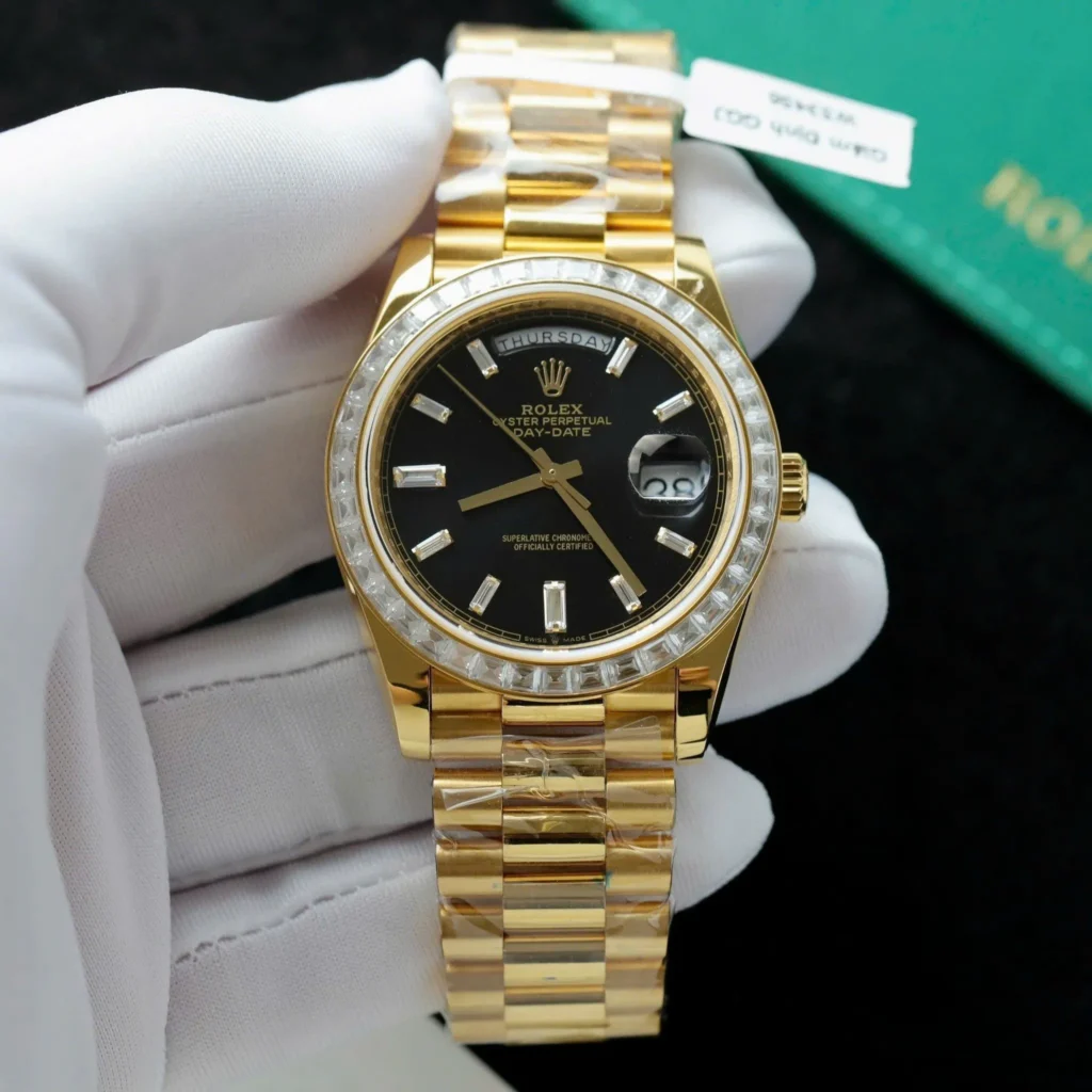 Super Clone Rolex Day-Date Bright black Dial 228348RBR 40 mm — dial close-up