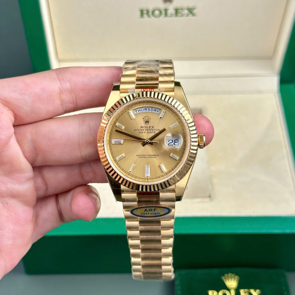 Super Clone Rolex Day-Date Champagne Diamond Dial 128238-0132 36 mm — dial close-up