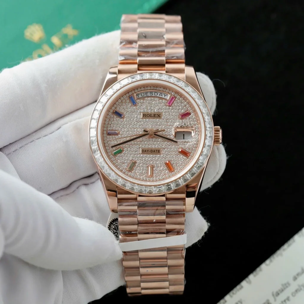 Super Clone Rolex Day-Date Diamond-Paved Dial 128345rbr-0042 36 mm — dial close-up