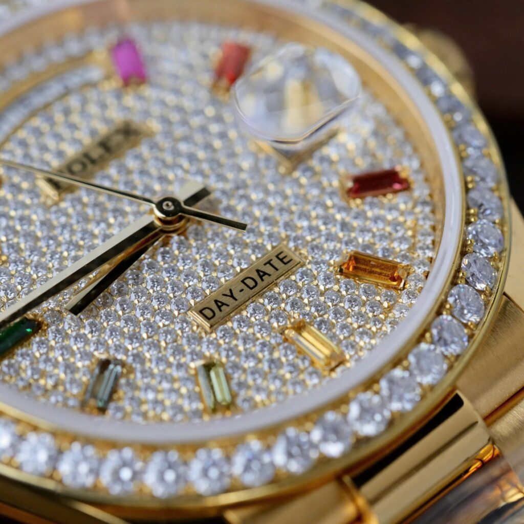Super Clone Rolex Day-Date Diamond-Paved Dial 128348rbr-0030 36 mm — on leather display
