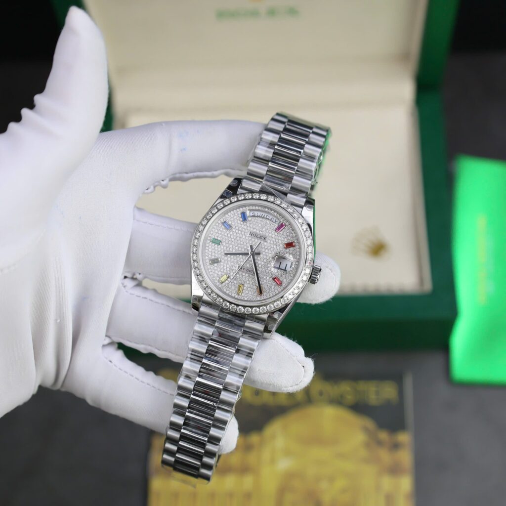 Super Clone Rolex Day-Date Diamond-Paved Dial 128349rbr-0006 36 mm — dial close-up