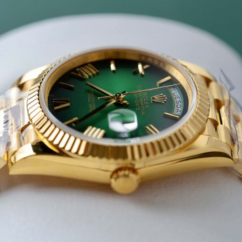 Super Clone Rolex Day-Date Green Ombré Dial 228238-0069 40 mm — on leather display