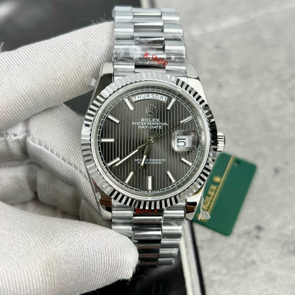 Super Clone Rolex Day-Date Grey Stick Tapestry Dial 228239-0002 40 mm — dial close-up