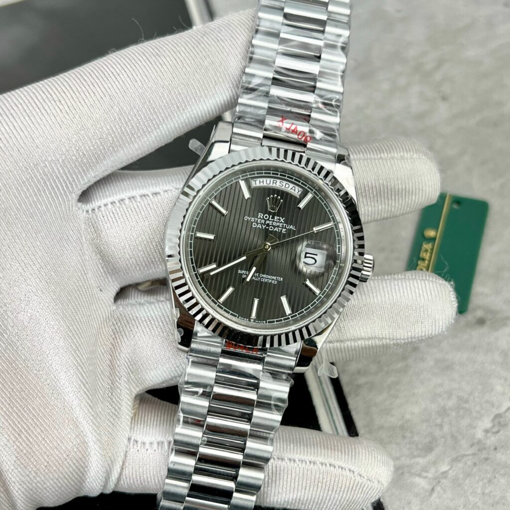 Super Clone Rolex Day-Date Grey Stick Tapestry Dial 228239-0002 40 mm — case and bezel