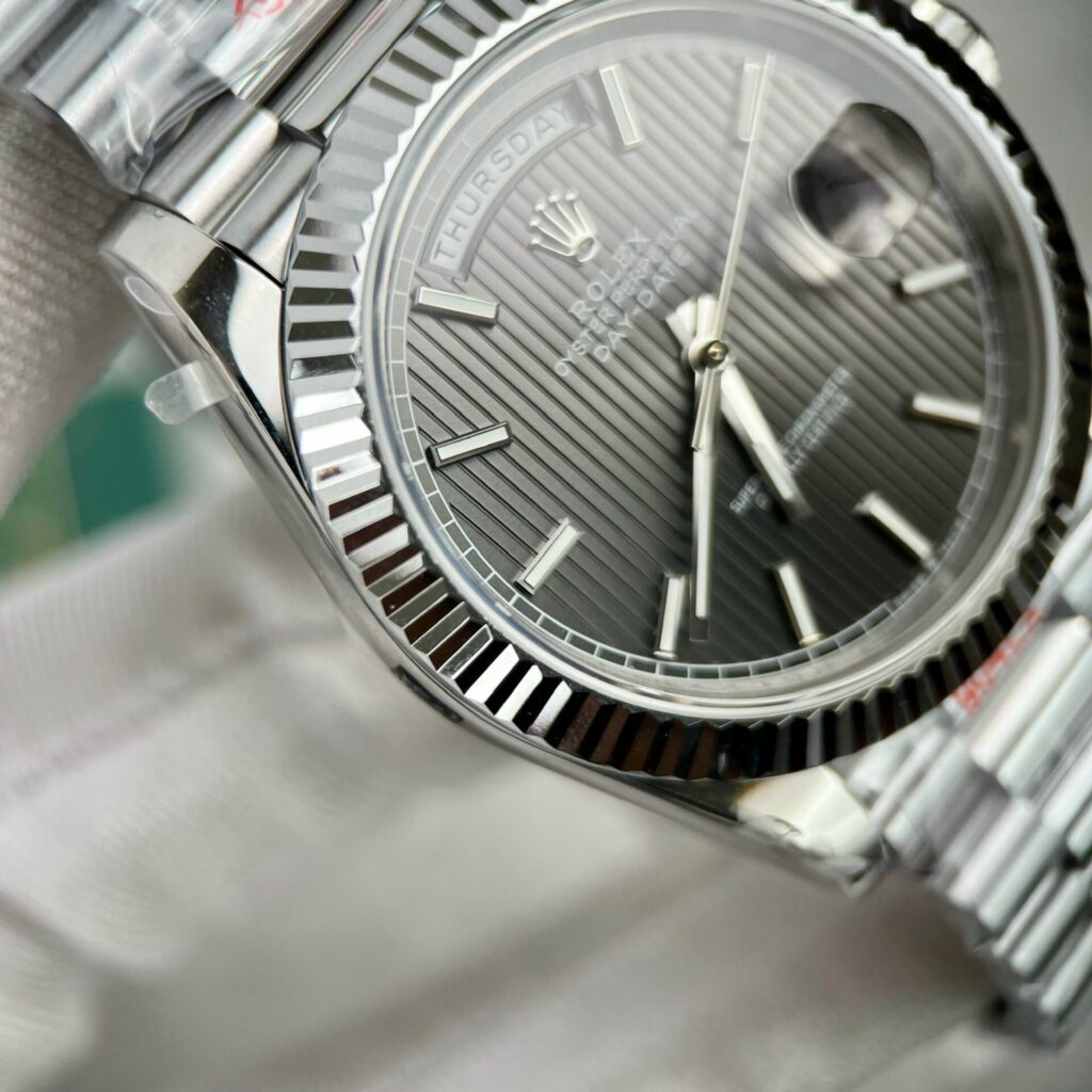 Super Clone Rolex Day-Date Grey Stick Tapestry Dial 228239-0002 40 mm — side profile