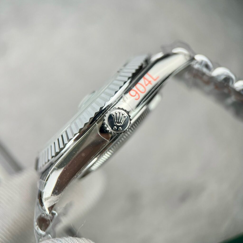 Super Clone Rolex Day-Date Grey Stick Tapestry Dial 228239-0002 40 mm — on leather display