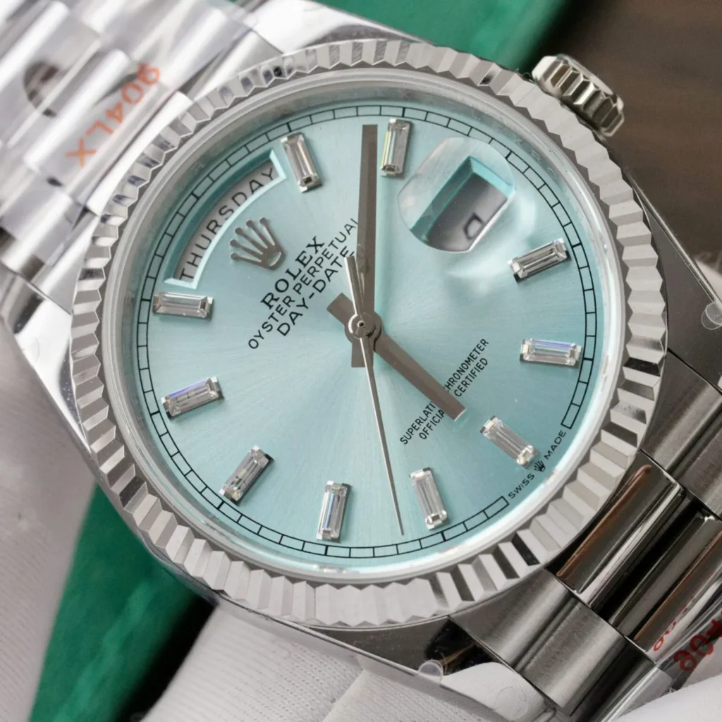 Super Clone Rolex Day-Date Ice Blue Diamond Dial 128236-0009 36 mm — side profile