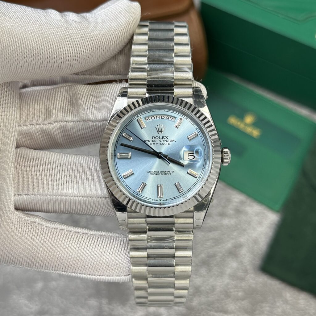 Super Clone Rolex Day-Date Ice Blue Diamond Dial 228236-0006 40 mm — dial close-up