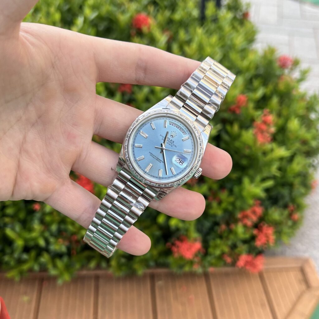 Super Clone Rolex Day-Date Ice Blue Diamond Dial 228396tbr-0002 40 mm — side profile