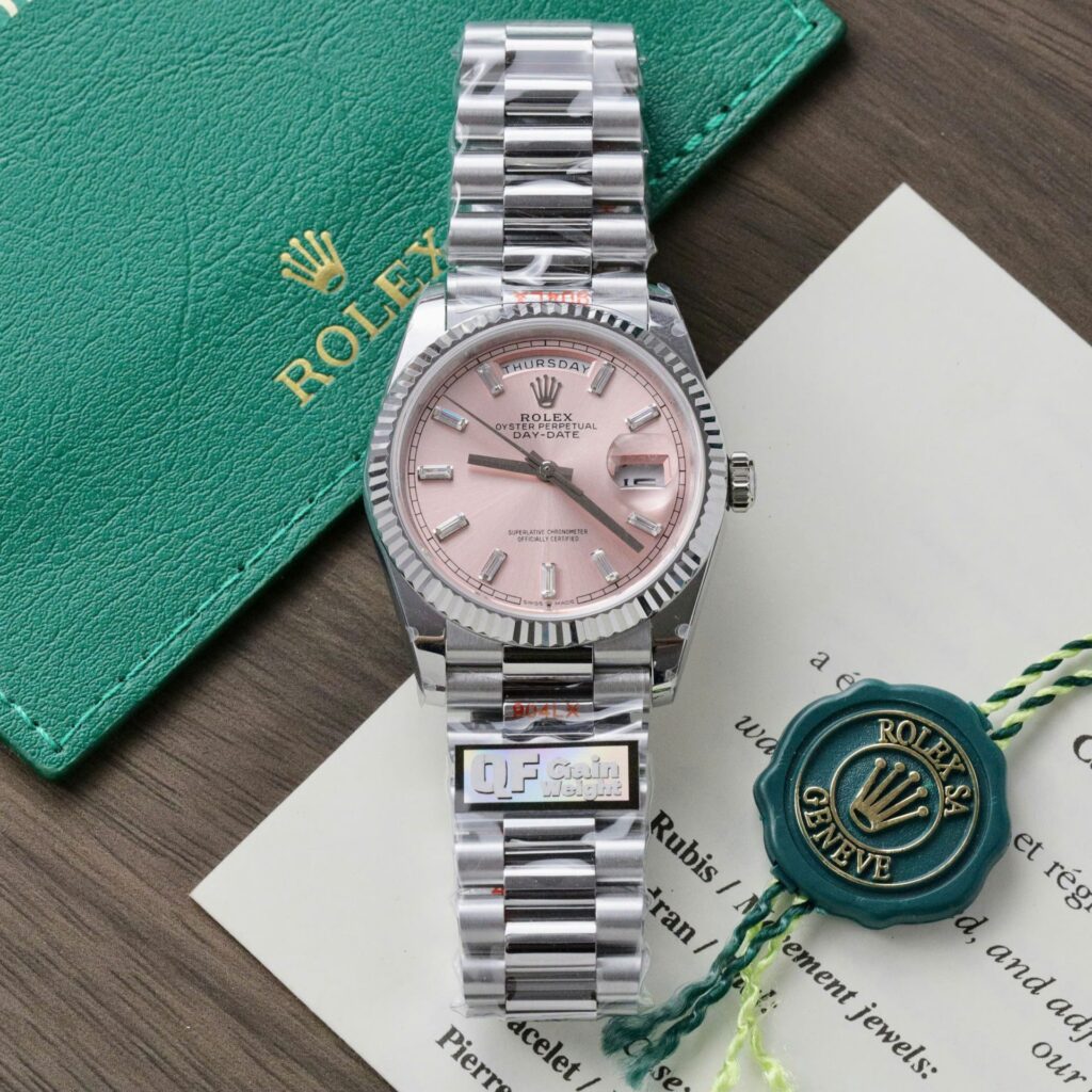 Super Clone Rolex Day-Date Pink Diamond Dial 128236-0024 36 mm — dial close-up