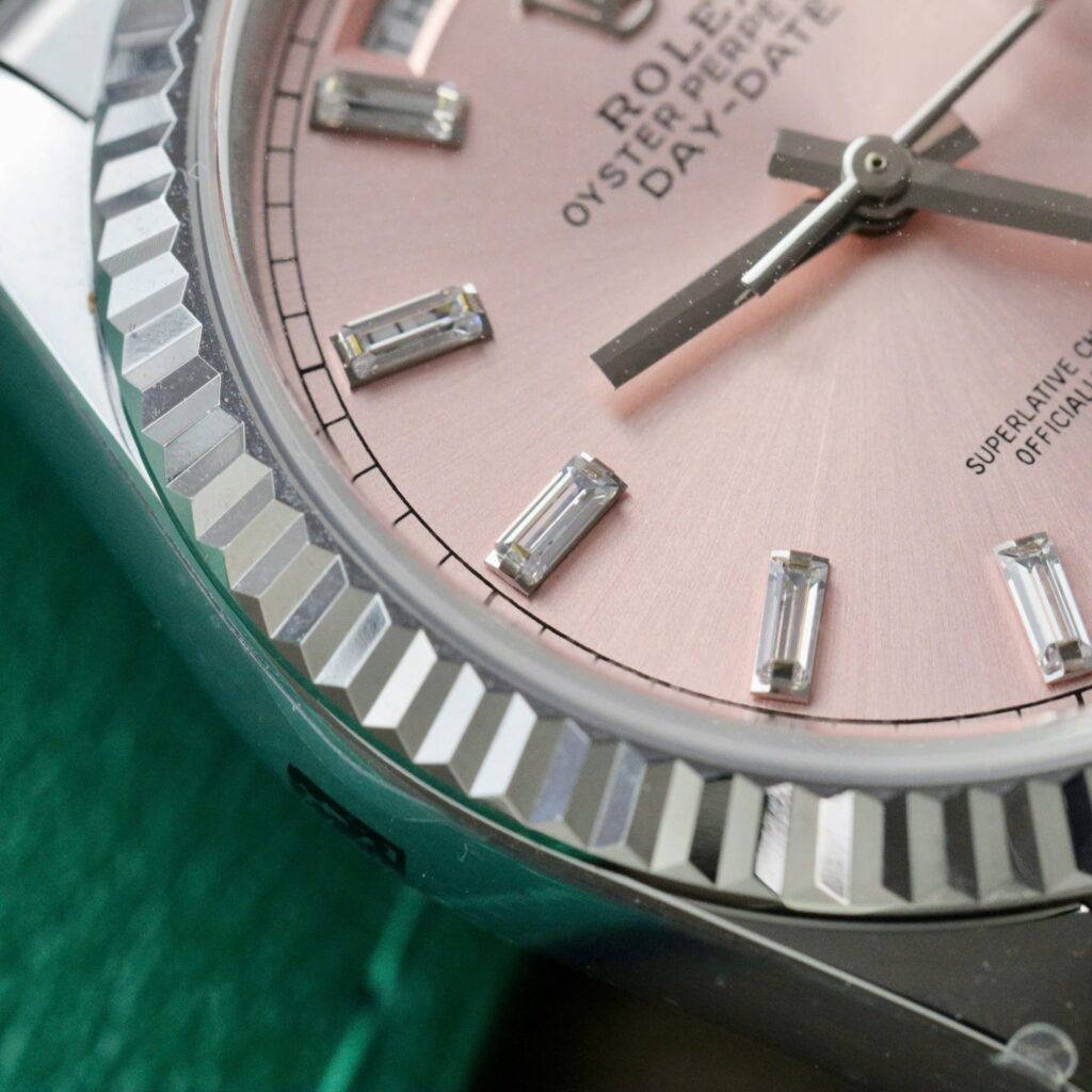 Super Clone Rolex Day-Date Pink Diamond Dial 128236-0024 36 mm — on leather display