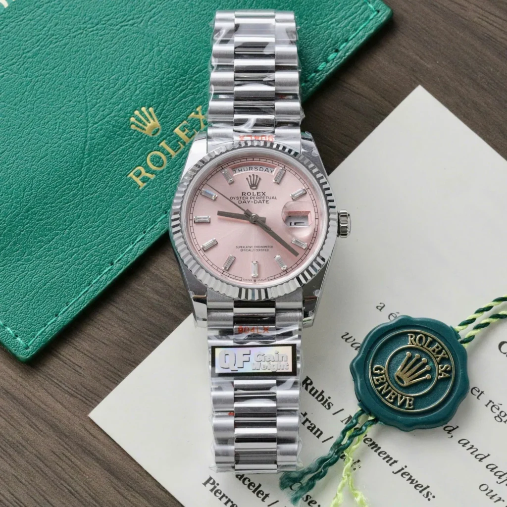 Super Clone Rolex Day-Date Pink Diamond Dial 128239-0071 36 mm — dial close-up