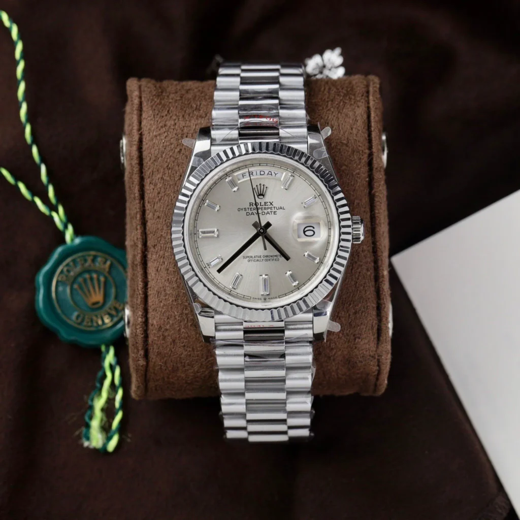 Super Clone Rolex Day-Date Silver Dial 128236-0001 36 mm — dial close-up