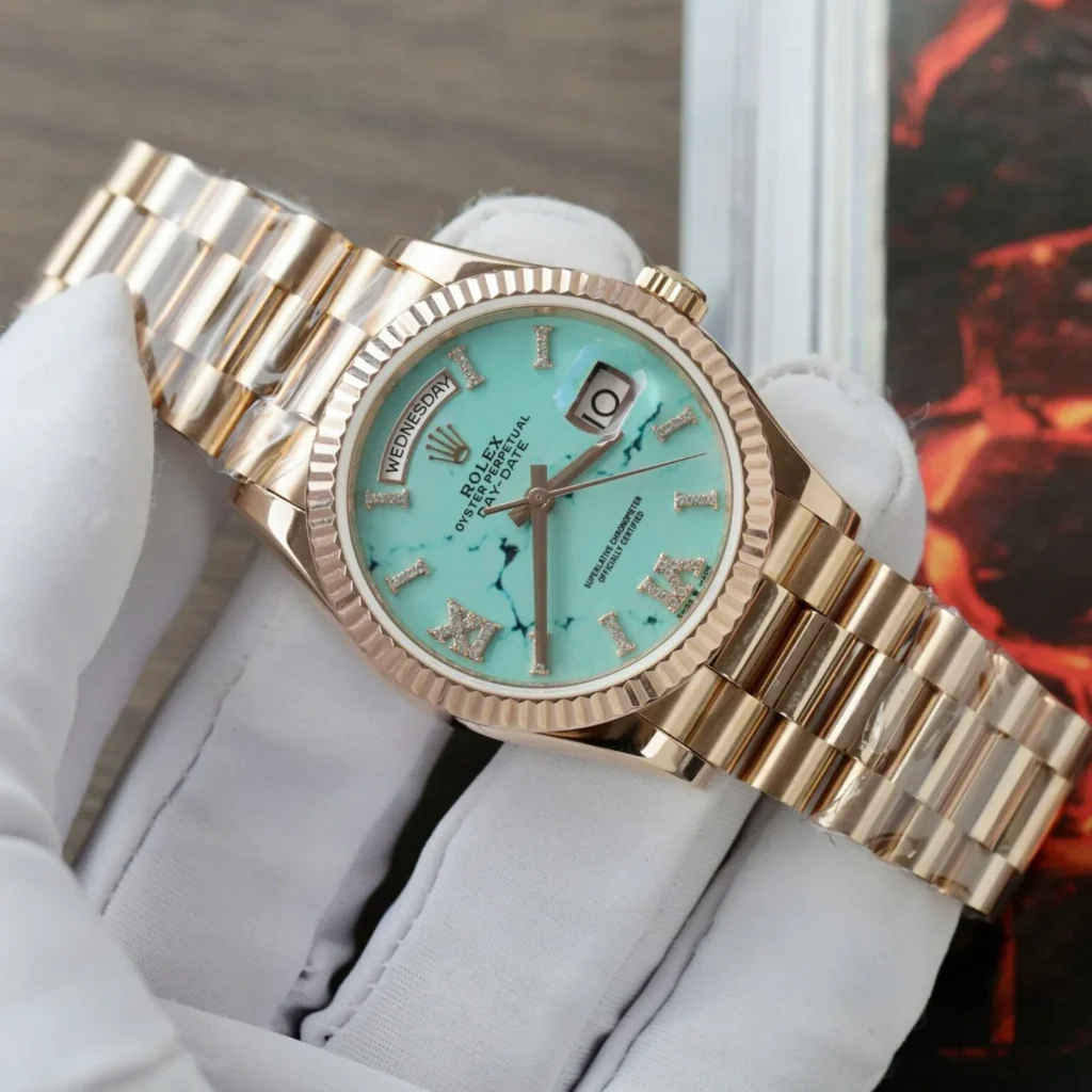 Super Clone Rolex Day-Date Turquoise Diamond Dial 128238-0071 36 mm — dial close-up