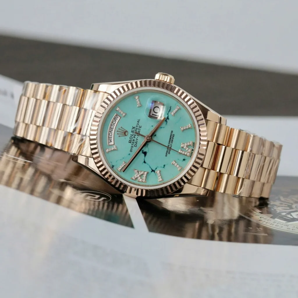 Super Clone Rolex Day-Date Turquoise Diamond Dial 128238-0071 36 mm — case and bezel