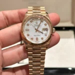 Super Clone Rolex Day-Date White Mother-of-Pearl Diamond Dial 128235-0029 36 mm — dial close-up
