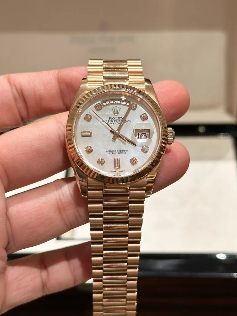 Super Clone Rolex Day-Date White Mother-of-Pearl Diamond Dial 128235-0029 36 mm — dial close-up