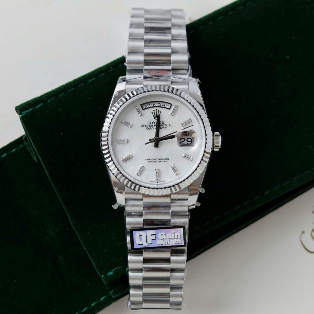 Super Clone Rolex Day-Date White Mother-of-Pearl Diamond Dial 128236-0021 36 mm — dial close-up