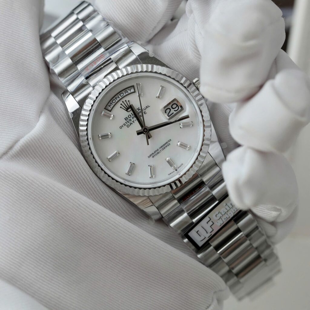 Super Clone Rolex Day-Date White Mother-of-Pearl Diamond Dial 128236-0021 36 mm — case and bezel