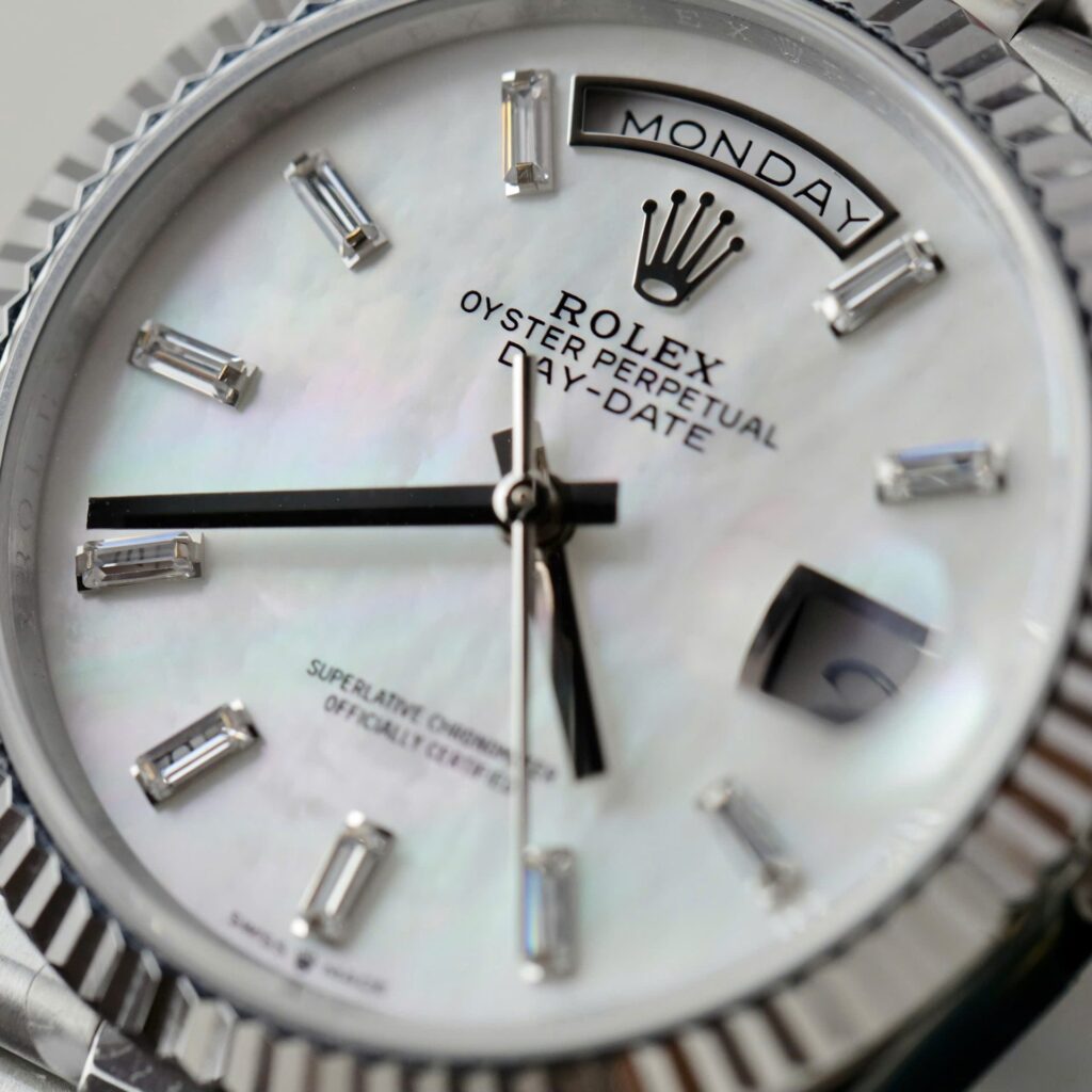 Super Clone Rolex Day-Date White Mother-of-Pearl Diamond Dial 128236-0021 36 mm — side profile