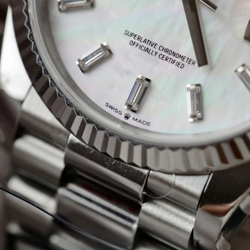 Super Clone Rolex Day-Date White Mother-of-Pearl Diamond Dial 128236-0021 36 mm — on leather display