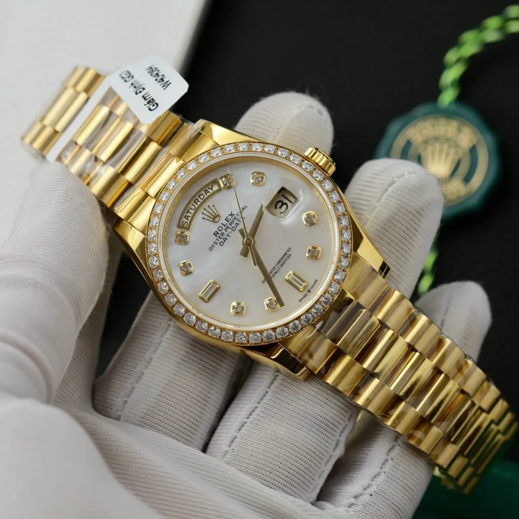 Super Clone Rolex Day-Date White Mother-of-Pearl Diamond Dial 128238-0011 36 mm — dial close-up