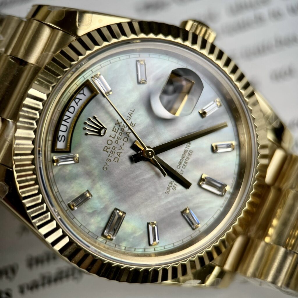 Super Clone Rolex Day-Date White Mother-of-Pearl Diamond Dial 128238-0123 36 mm — side profile