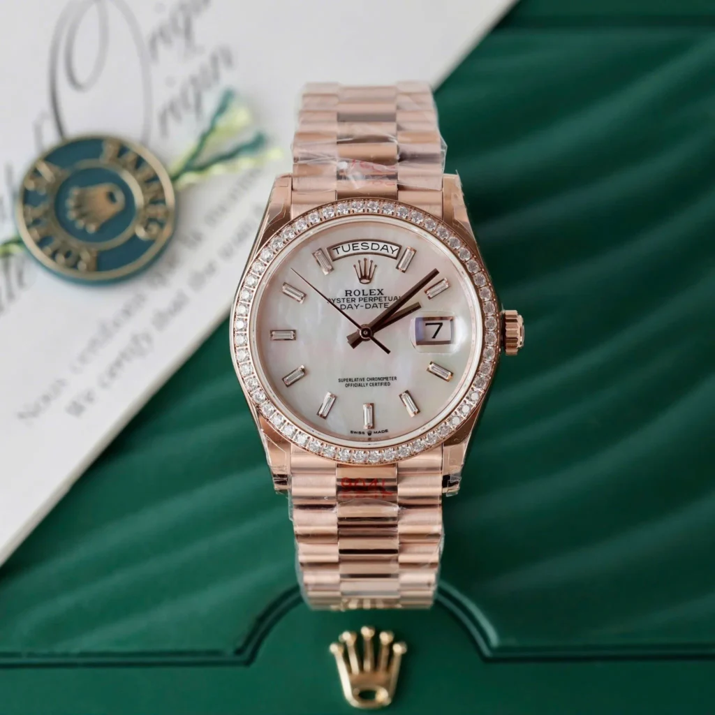 Super Clone Rolex Day-Date White Mother-of-Pearl Diamond Dial 128345rbr-0077 36 mm — dial close-up