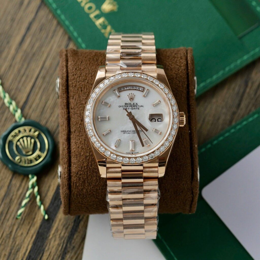Super Clone Rolex Day-Date White Mother-of-Pearl Diamond Dial 128395tbr-0026 36 mm — dial close-up